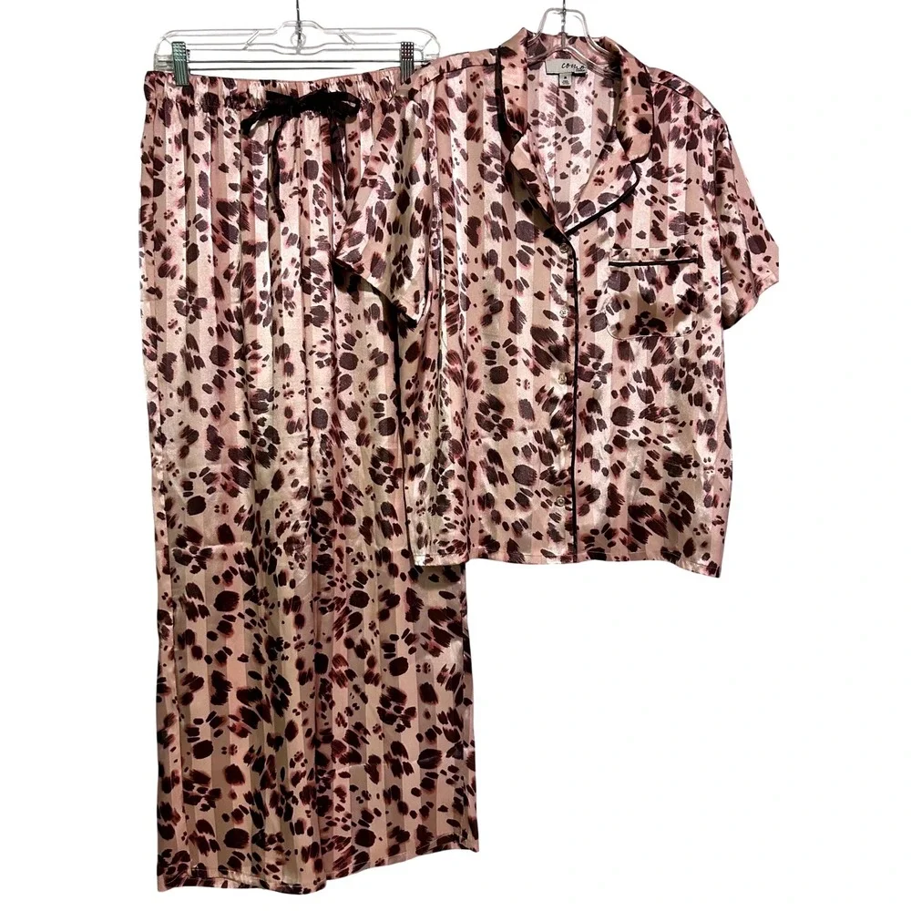 Como Sleep Womens Pink Leopard Striped Satin Pajama Pant Set Button Front Size M